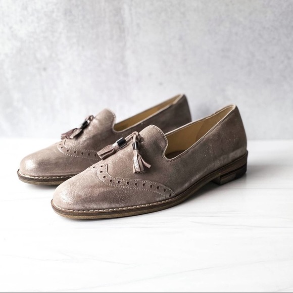 ARA Leather Pewter Shimmer Wingtip Loafers Size 8.5 - Picture 1 of 11
